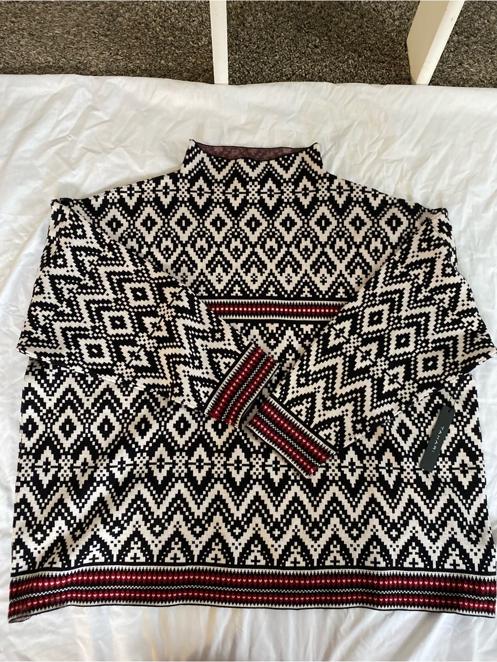 Tahari Black and Cream Geometric Turtleneck Sweater with Red Trim